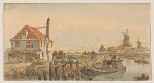 Canal avec un bateau, une maison et deux moulins