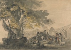 Bateaux, pêcheurs et paysans près d