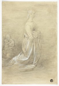 Femme agenouillée, mère et enfant assis