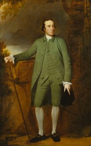 Portrait de George Morewood, debout en pleine longueur, en manteau, gilet et culotte verts, tenant un chapeau dans sa main gauche, une canne dans sa main droite - George Romney