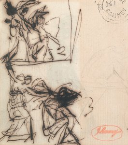 Personnage debout, le bras levé, et personnage assis
