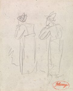 Deux personnages debout coiffés de hauts-de-forme