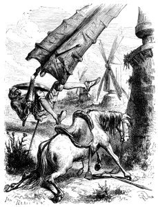 Bataille contre les moulins : Don Quichotte et Rossinante sont projetés au sol par l