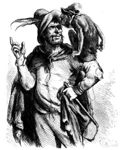 Illustration de George Roux (1853-1929) pour le Don Quichotte de Cervantes : Maître Pierre et son singe - le singe dans la littérature -