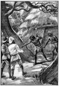 Illustration de George Roux pour le livre de Jules Verne Le Village aérien (1901), édition Hetzel/Voyages extraordinaires, Mondes connus et inconnus. Deux sentinelles Wagdiss menacent les explorateurs avec leurs armes ramifiées - George Roux
