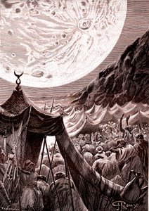 La lune dans le désert de Nubie, Soudan. Musulmans priant. 1888 (gravure)