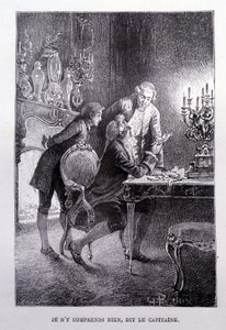 Jeune Jim Hawkins, Chevalier Trelawnay et Docteur Livesey se réconcilient dans un salon - dans "L