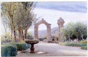 Un jardin italien avec une fontaine et deux arches