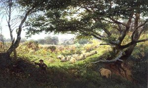 Un berger et son troupeau de moutons - George Shalders