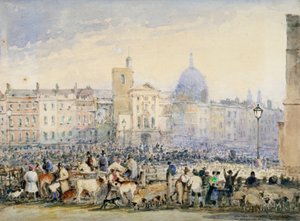 Vue du marché de Smithfield avec des figures et des animaux, City de Londres - George Sidney Shepherd