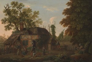 Cueilleurs de houblon devant un cottage