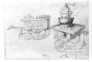 Stands de bière au gingembre et de vin chaud de sureau à Holborn, 1842 - George Snr Scharf