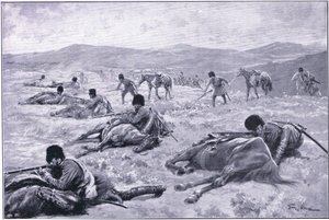 Un cosaque et son cheval : un dispositif pour se couvrir pendant une escarmouche, illustration de Cassells History of the Russo-Japanese War Vol 1, vers 1900