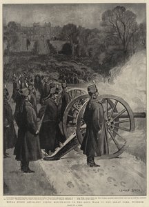 Artillerie royale à cheval tirant des coups de canon minute dans la Long Walk dans le Grand Parc, Windsor - George Soper