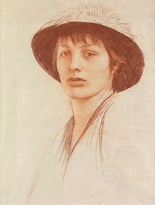 Femme au chapeau à plumes (craie rouge sur vélin)
