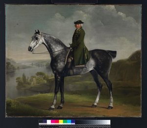 Joseph Smyth Esquire, Lieutenant de la Forêt de Whittlebury, Northamptonshire, sur un cheval gris pommelé, c.1762-64 - George Stubbs