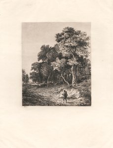Paysage, homme portant un bâton sur l