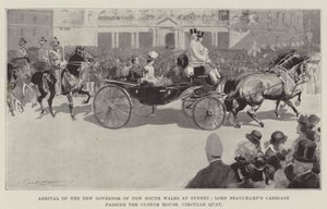 Arrivée du nouveau gouverneur de Nouvelle-Galles du Sud à Sydney, la voiture de Lord Beauchamp passant devant la douane, Circular Quay - George Washington Lambert