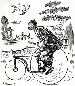 Dessin humoristique représentant un Chinois sur un tricycle dans un parc en Chine. Illustré par George du Maurier (1834-1896), caricaturiste et auteur franco-britannique