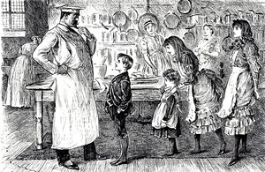 Un dessin animé représentant un chef prenant des commandes des enfants de la maison. Illustré par George du Maurier (1834-1896), un caricaturiste et auteur franco-britannique - George du Maurier