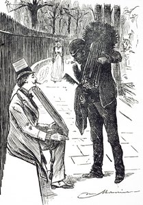 Une caricature représentant un ramoneur portant ses brosses dans les rues de Londres. Illustré par George du Maurier (1834-1896) un caricaturiste et auteur franco-britannique - George du Maurier