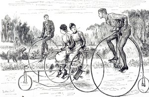Une caricature représentant un groupe de jeunes gens faisant du tricycle. Illustré par George du Maurier (1834-1896) un caricaturiste et auteur franco-britannique - George du Maurier