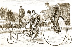 Dessin humoristique représentant un groupe de jeunes sur des tricycles. Illustré par George du Maurier (1834-1896), caricaturiste et auteur franco-britannique - George du Maurier