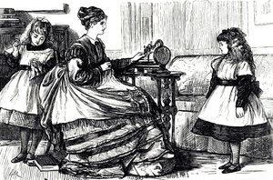 Une caricature représentant une jeune mère utilisant une machine à coudre. Illustré par George du Maurier (1834-1896) un caricaturiste et auteur franco-britannique