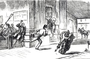 Caricature représentant le Docteur Meilanion Jones, se trouvant dépassé dans la course aux patients par la belle Doctoresse Atlanta Robinson - George du Maurier