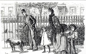 Caricature représentant une famille marchant dans les rues du Londres victorien - George du Maurier