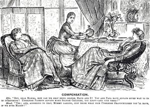 Dessin humoristique représentant une femme utilisant une machine à coudre à manivelle - George du Maurier