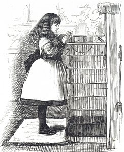 Dessin animé représentant une jeune fille debout devant un grand pare-feu - George du Maurier