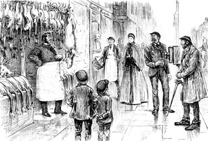 Gravure représentant un boucher et un volailler photographiés devant son étal de Noël par George du Maurier. George du Maurier (1834-1896) un caricaturiste et auteur franco-britannique. Daté du XIXe siècle