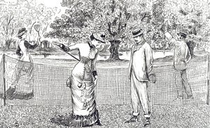 Gravure représentant une joueuse de tennis mal à l