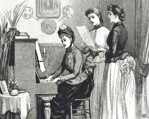 Gravure représentant des jeunes filles chantant dans le salon - George du Maurier