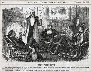 Messieurs réunis dans la salle de fumeurs fumant leurs cigares après le dîner. Caricature de George du Maurier pour Punch, Londres 1886 - George du Maurier