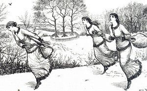Illustration représentant des filles traçant la piste pour le lièvre et les chiens - George du Maurier