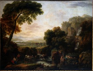 Paysage italianisant avec une vue capricieuse de Tivoli, un berger et une bergère et du bétail - George the Elder Barret
