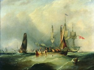 Un vaisseau de guerre et des bateaux de pêche au large de Southsea - George the Elder Chambers