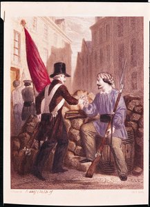 Un ouvrier partageant son pain avec un étudiant portant un drapeau rouge, de 
