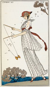 Une femme portant une robe en lin blanc imprimé, jouant avec un jouet - Georges Barbier