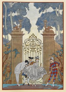 Colombine. Des gens debout devant une porte. Un Pierrot. - Georges Barbier