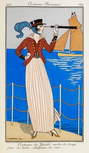 Costume de Yacht : veste de drap, jupe de toile, chapeau de cuir. Une femme portant un costume de yacht : une veste en drap rouge, une jupe en lin rayé, un chapeau en cuir et une écharpe bleue. Elle utilise un télescope, pointant vers le bateau en arrière- - Georges Barbier