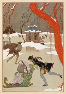 En patinant. Des gens patinant sur glace. Une femme assise dans un traîneau. - Georges Barbier