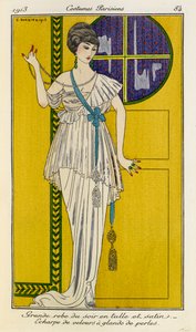 Grande robe du soir en tulle et satin. Écharpe de velours à glands de perles. Costumes Parisiens no.37 - Georges Barbier