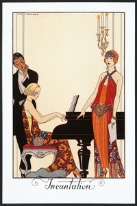 Incantation, pianiste et femme en robes de soirée, illustration de Falbalas et Fanfreluches, Almanach de 1923