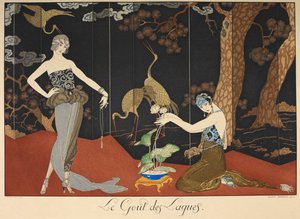 Le goût des laques. Deux femmes devant un paravent laqué. - Georges Barbier