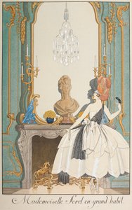 Mademoiselle Sorel en grand habit. Une femme debout devant une cheminée. - Georges Barbier