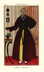 Homme en robe de chambre sur pantalon jaune et gilet vert. Robe de chambre. Pochoir coloré à la main d
