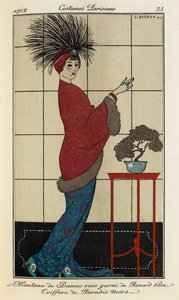 Manteau de Damas rose garni de Renard bleu Coiffure de Paradis noirs. Costumes Parisiens no.35 - Georges Barbier